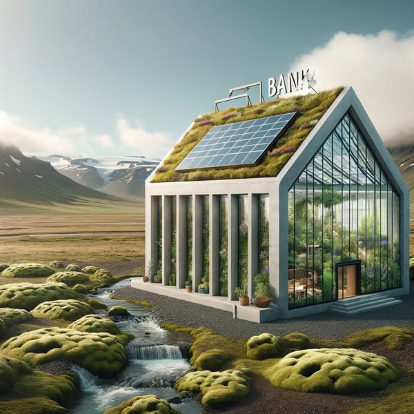A concept image of a green, plant-covered bank building with solar panels beside an Icelandic stream