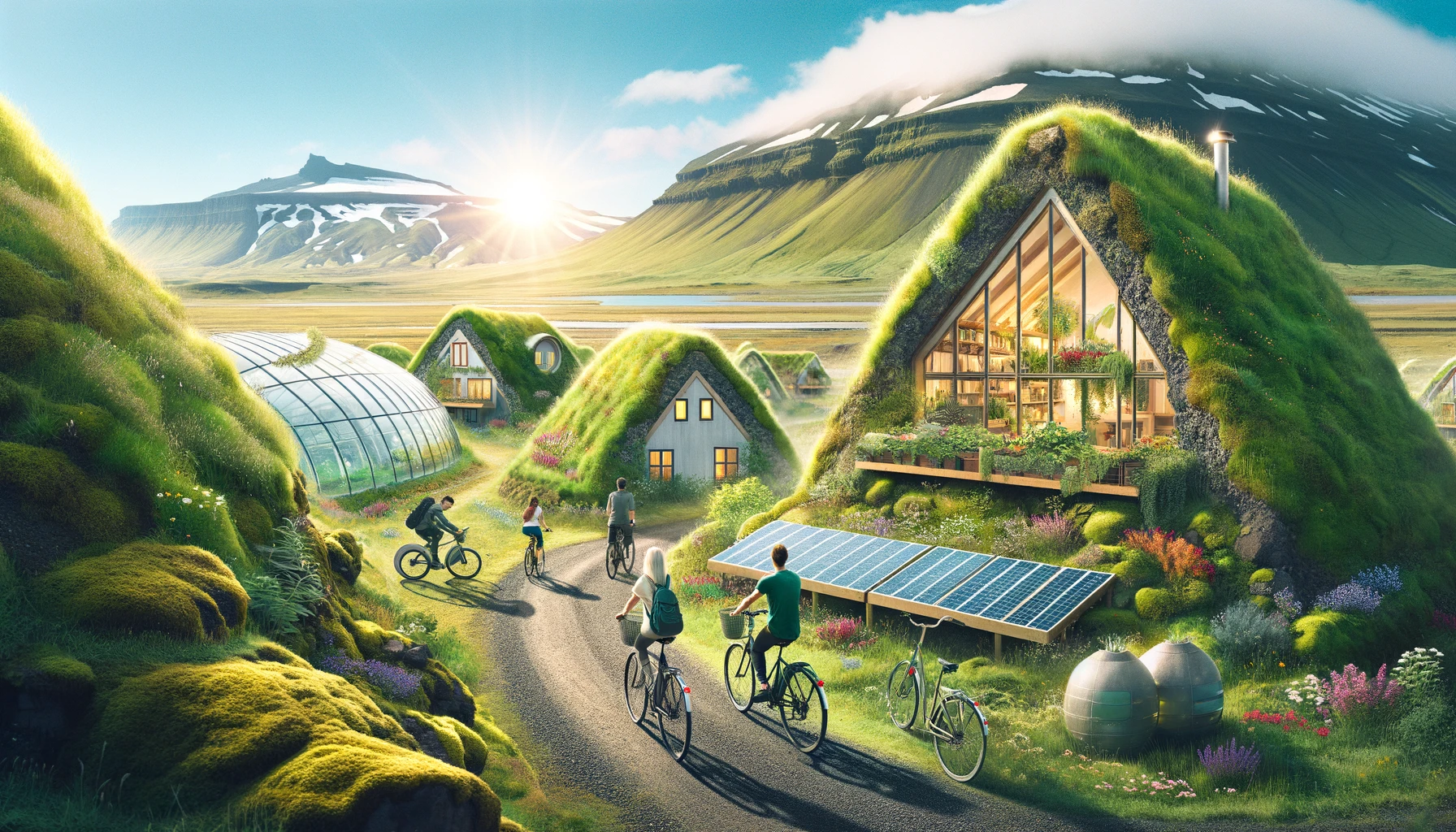 Cyclists among turf houses and solar panels