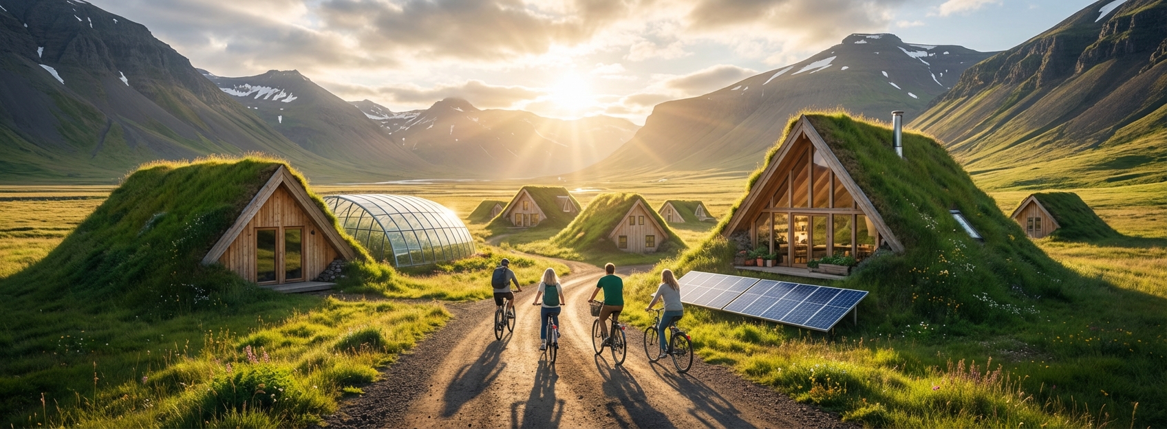 Turf-roofed eco homes, a greenhouse and solar panels in an Icelandic valley at sunset